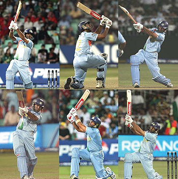 Yuvraj Singh of India hits a six (the maximum score in cricket) off each of the six balls of an over - sadly against England