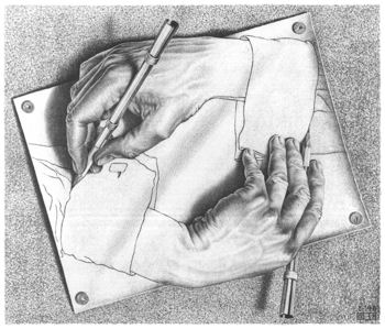 Drawing Hands, Maurits Cornelis Escher, 1948 - probably a suitable image for rather a self-referential blog article